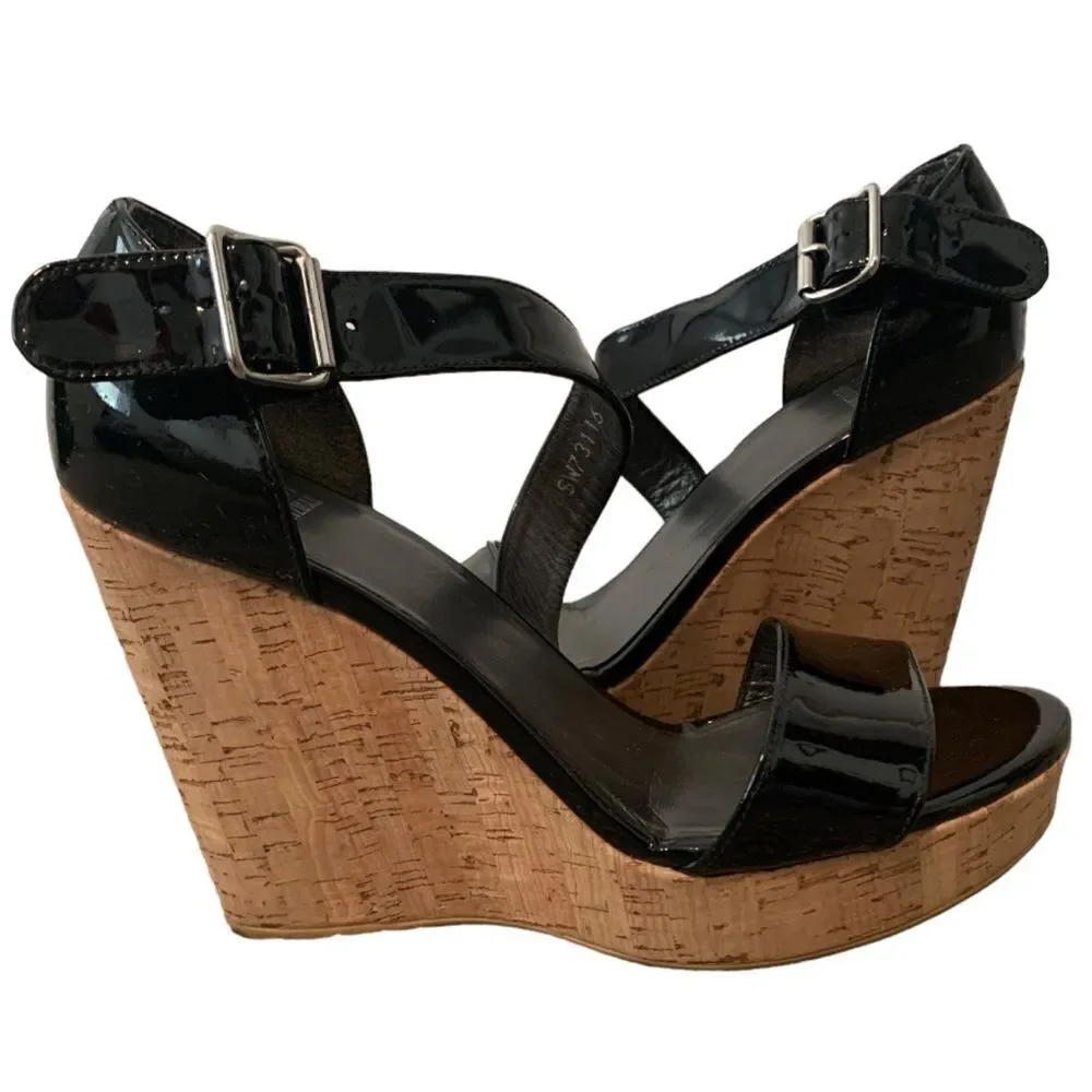 Stuart Weitzman Black Patent Leather Wedge Sandal Size 9.5 - Picture 12 of 14
